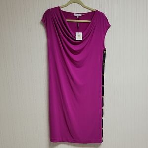 Calvin Klein Magenta Knit Dress With Black Faux Leather Trim Down Side. Med. New